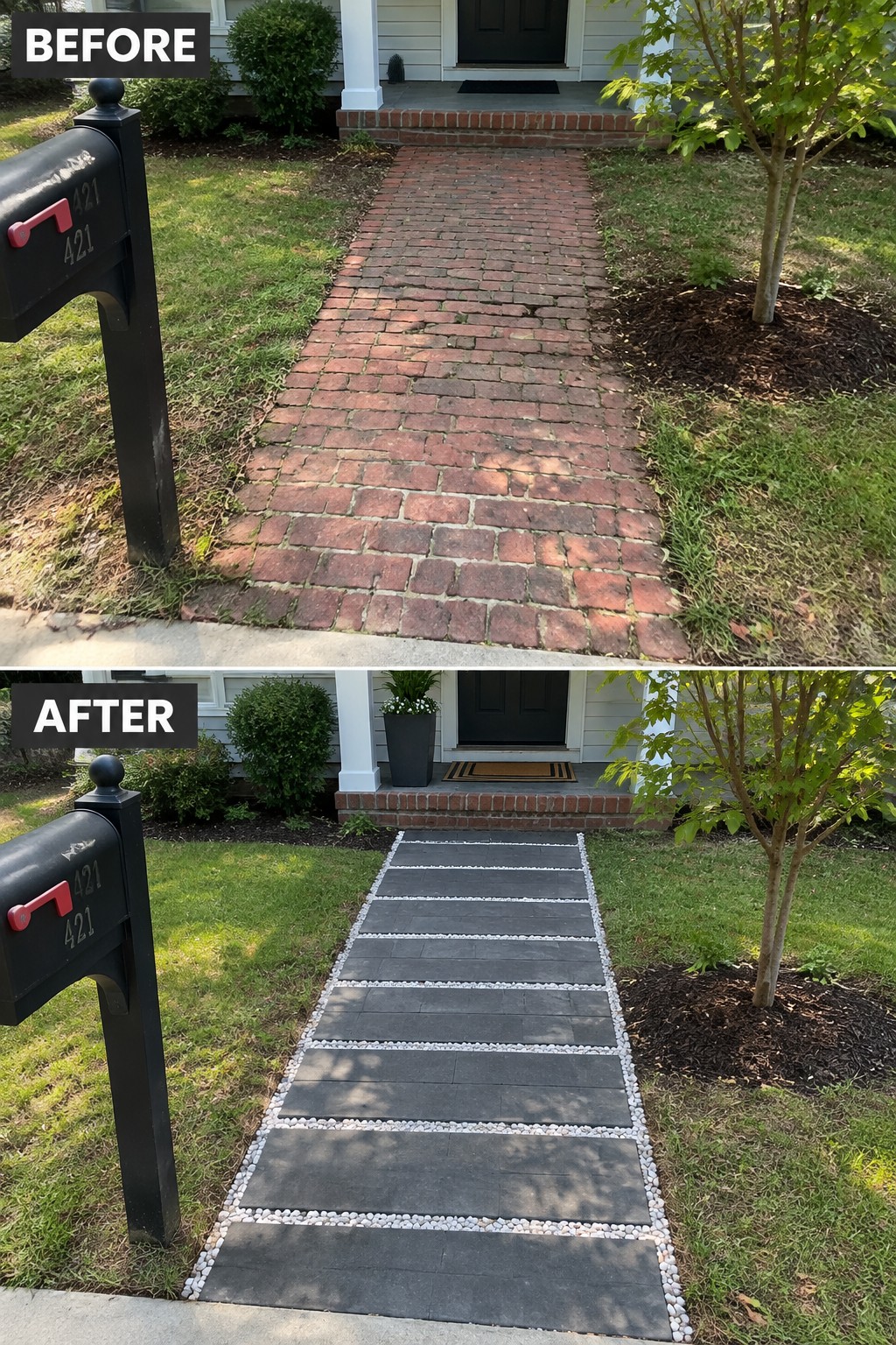 Before and after of red brick path changed to gray pavers with white pebble edges.