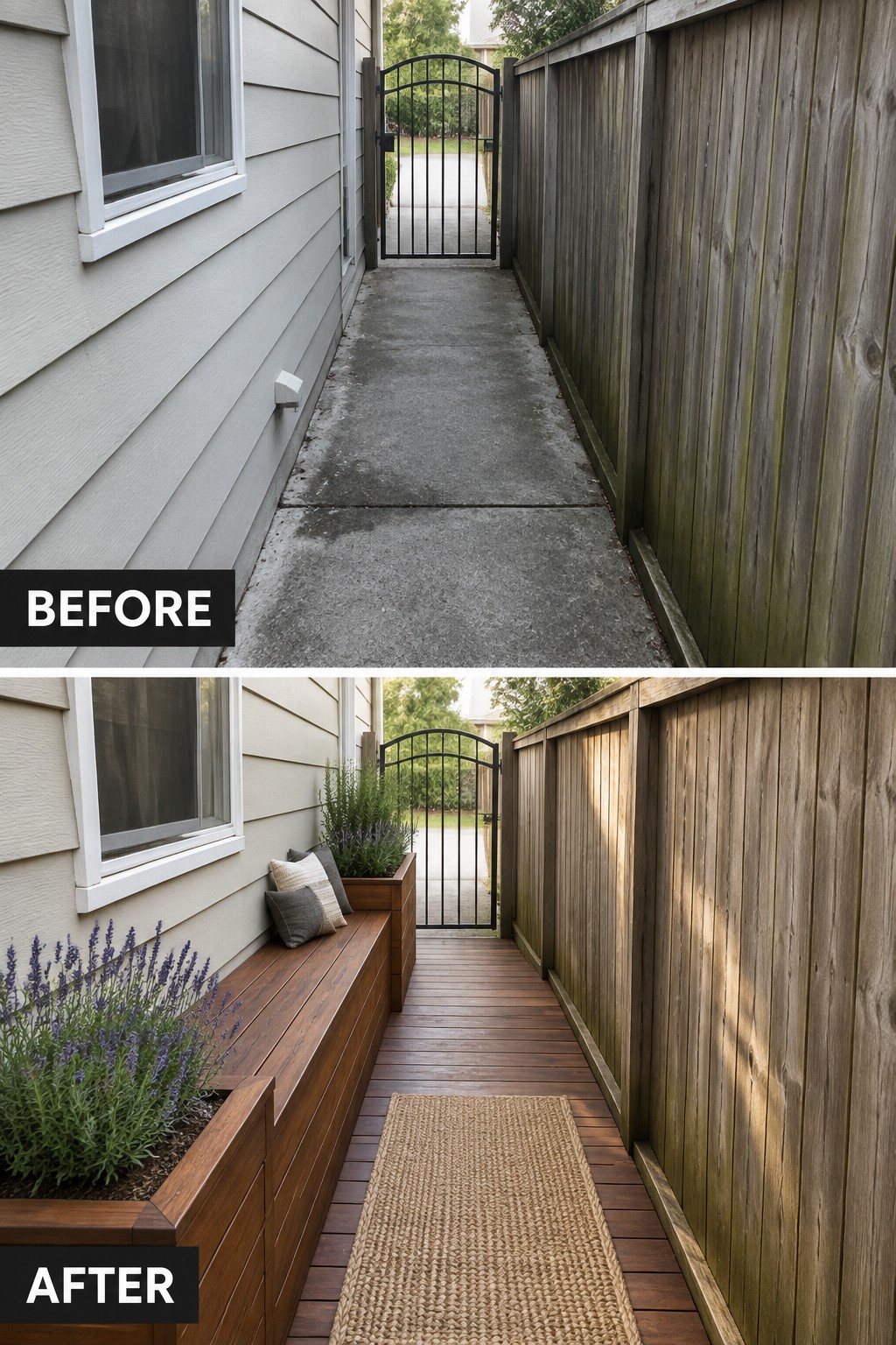 Before-and-after of narrow alleyway transformed into wooden deck with bench, rug and planters.