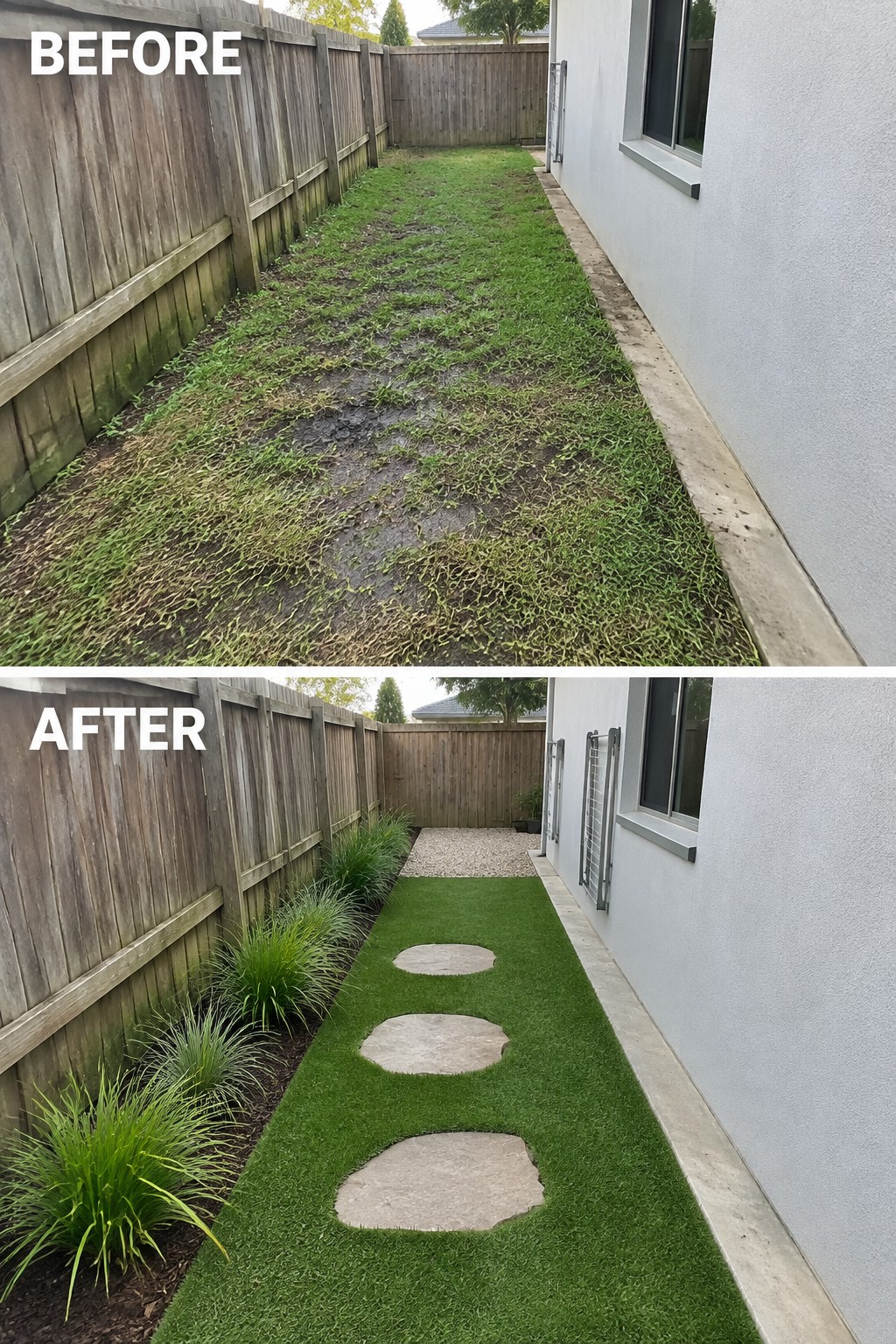 Before and after of narrow yard path transformed with artificial turf and stepping stones.