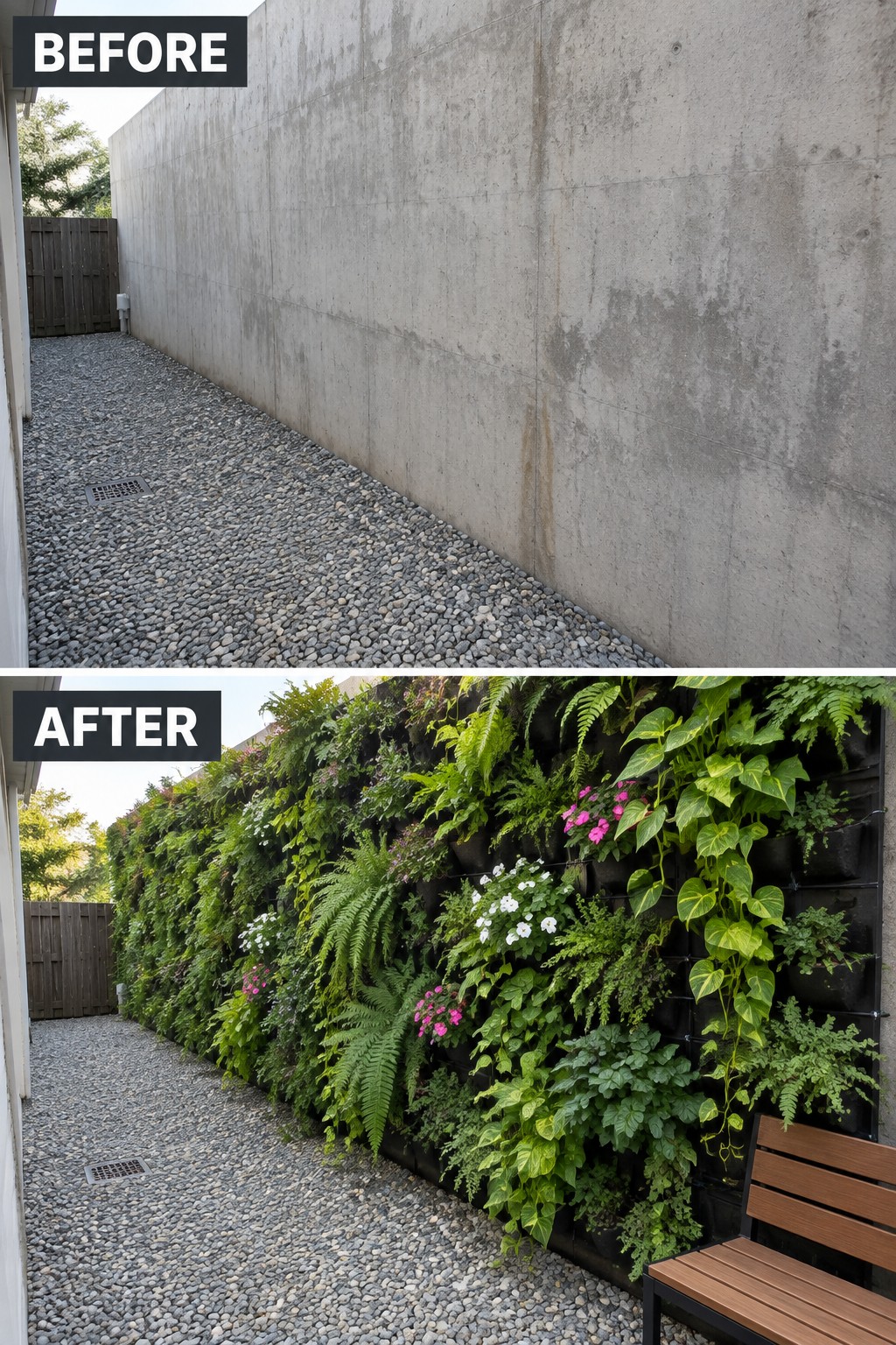 Before-and-after of bare concrete wall transformed into lush vertical garden with wooden bench.