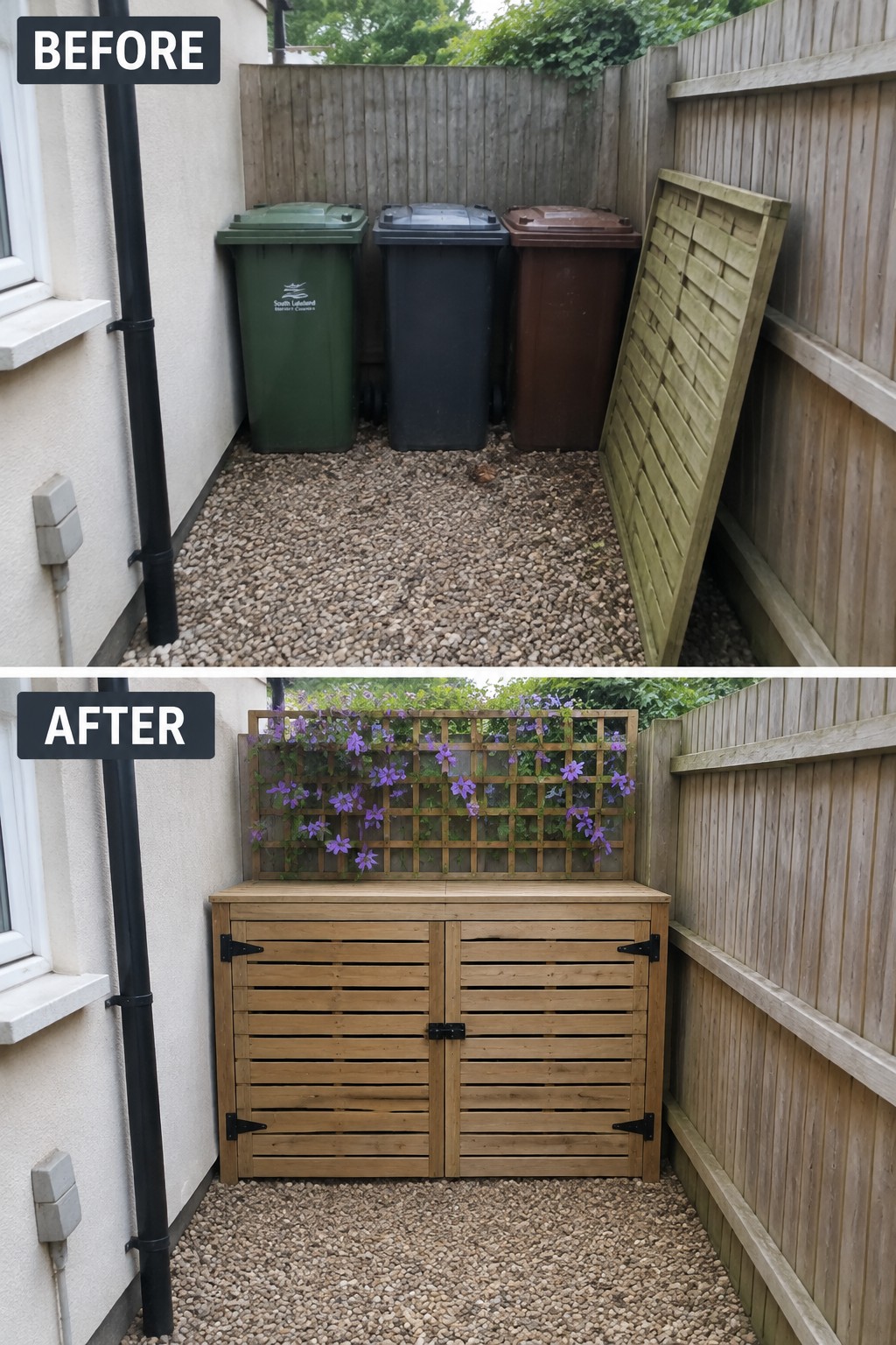 Before and after of bin area transformed into wooden cabinet with purple flower trellis.