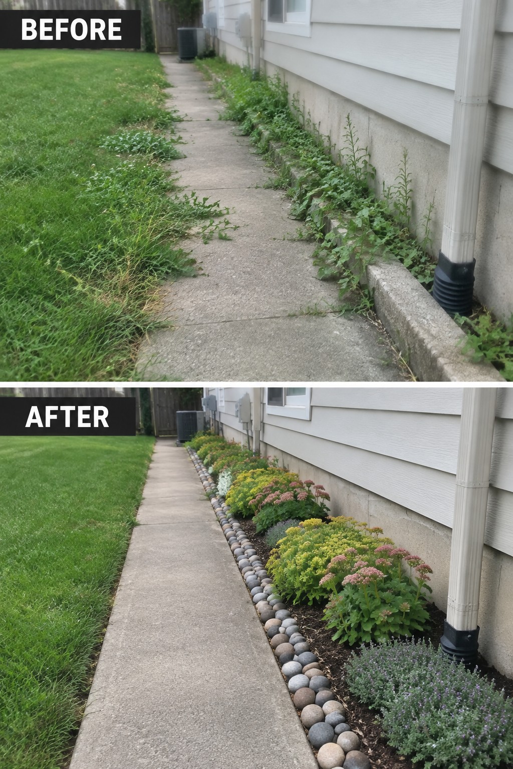 Before-and-after view of weedy path edge transformed into colorful flower bed with stone border.