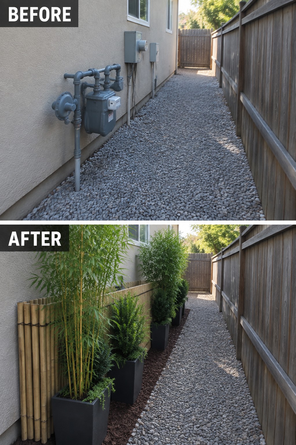 Before and after of gravel path beside house with added potted plants and bamboo screen.