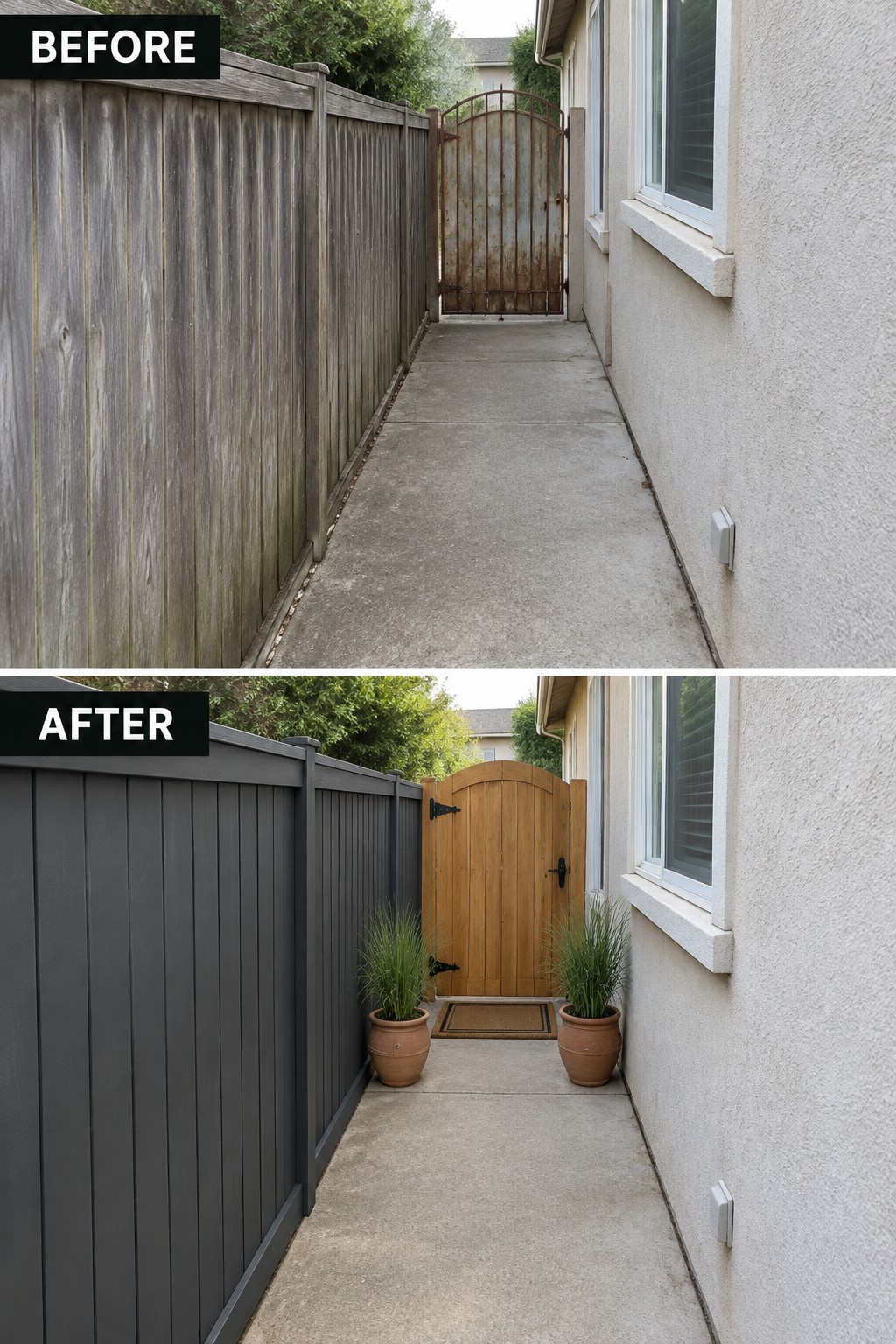Before and after of narrow walkway with fence and gate renovation, potted plants added.