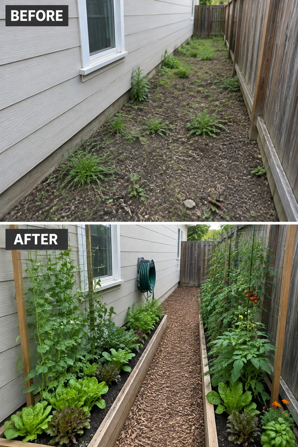 Before and after of weedy yard transformed into mulched raised vegetable beds with trellises.
