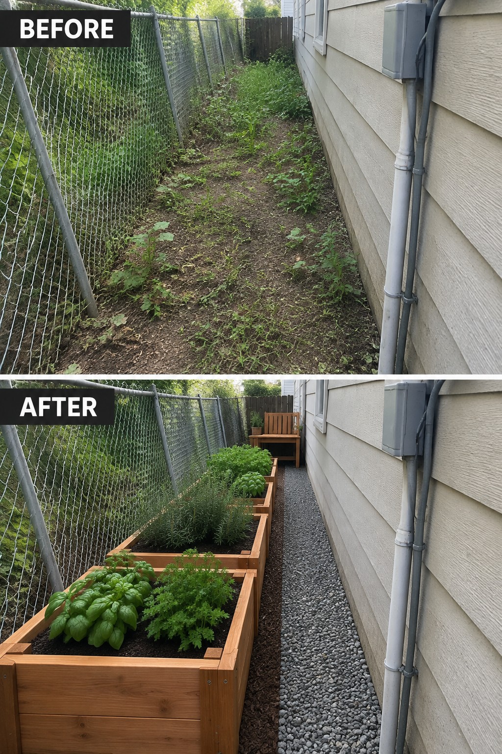 Before-and-after image of an overgrown narrow side yard transformed with raised wooden garden beds, herbs and vegetables, and a gravel path.