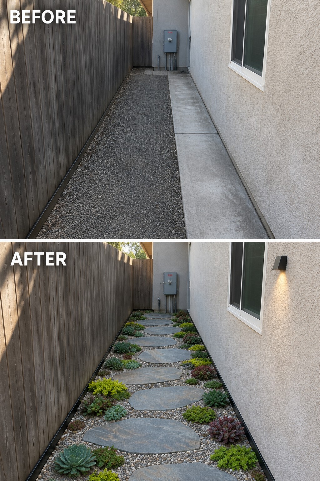 Before-and-after image of a narrow side yard showing a gravel path changed to stepping stones bordered by succulents and low plants.