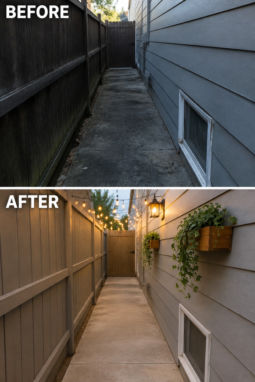 Before and after of narrow alleyway with fence, lit by string lights and planters.