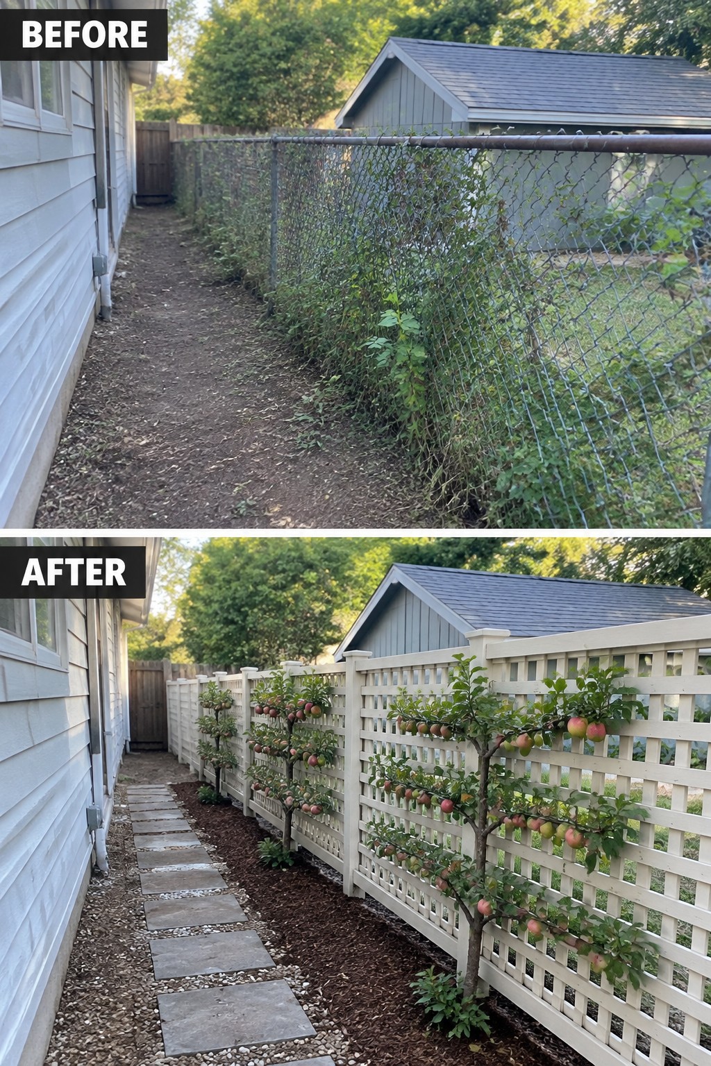 Before-and-after view of chain-link fence replaced by white lattice with apple trees.