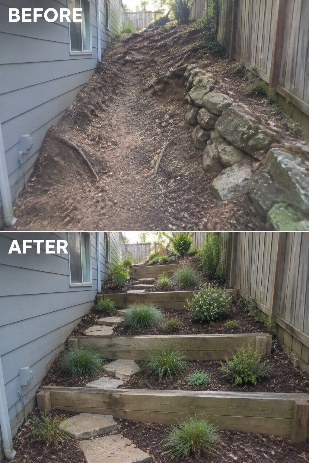 Before muddy slope and after terraced garden with wooden beds, plants, and stone steps.