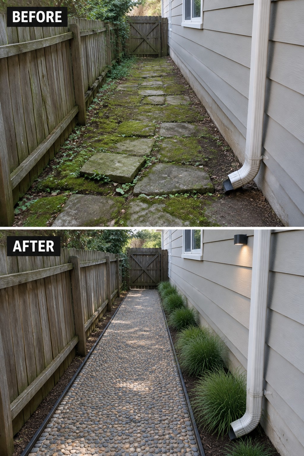Before-and-after of mossy stone path transformed into neat pebble walkway by house.