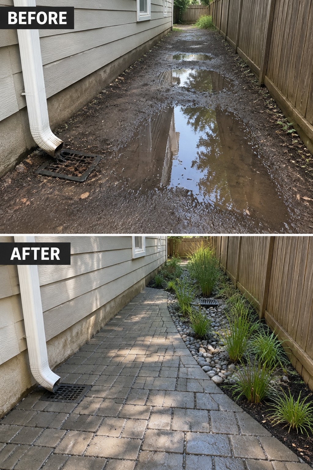 Before muddy flooded path and after paved brick walkway with plants and rocks