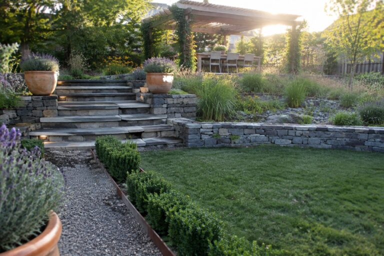Sunlit garden with stone steps, wooden pergola, lush lawn, and terracotta pots.