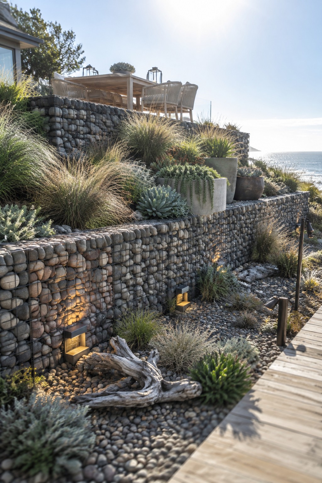 A multi-level backyard with gabion retaining walls made of wire cages filled with stones, planted with grasses and succulents, next to a wooden deck overlooking the ocean.