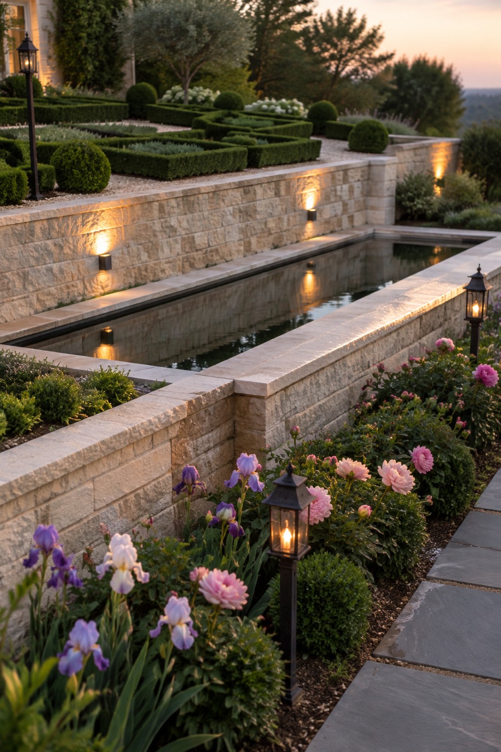 Formal garden with rectangular pool, stone walls, blooming flowers, and glowing lanterns at dusk
