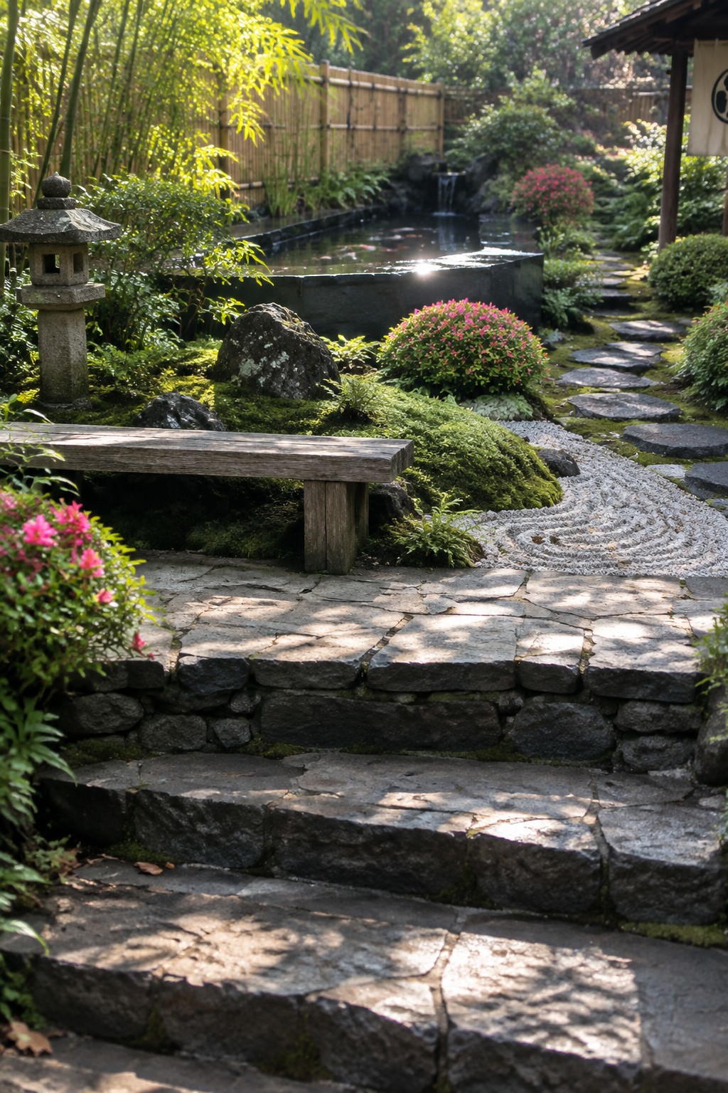 A multi-level garden with wide stone steps descending past a wooden bench, mossy ground cover, flowering shrubs, and a gravel path leading toward a pond.