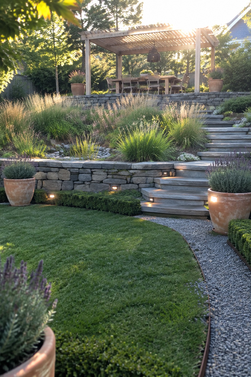 Sunlit garden with stone steps, wooden pergola, lush lawn, and terracotta pots.