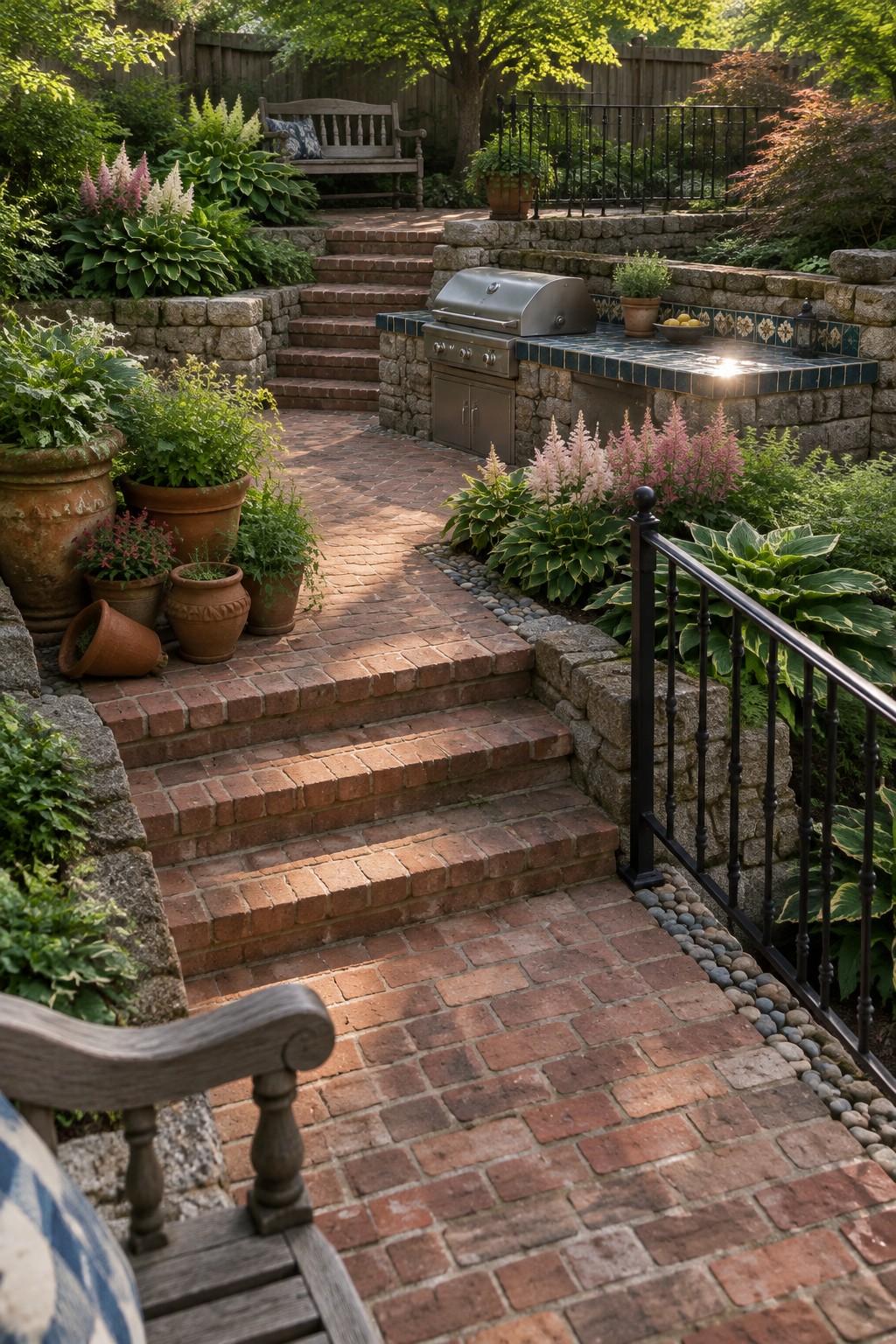 A terraced backyard with stone retaining walls, brick stairs and paths, layered garden beds, potted plants, and a built-in grill on an upper level.