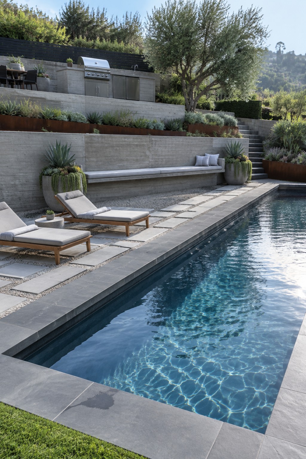 A backyard pool with terraced concrete retaining walls, built-in seating, lounge chairs, and layered plantings on a hillside.