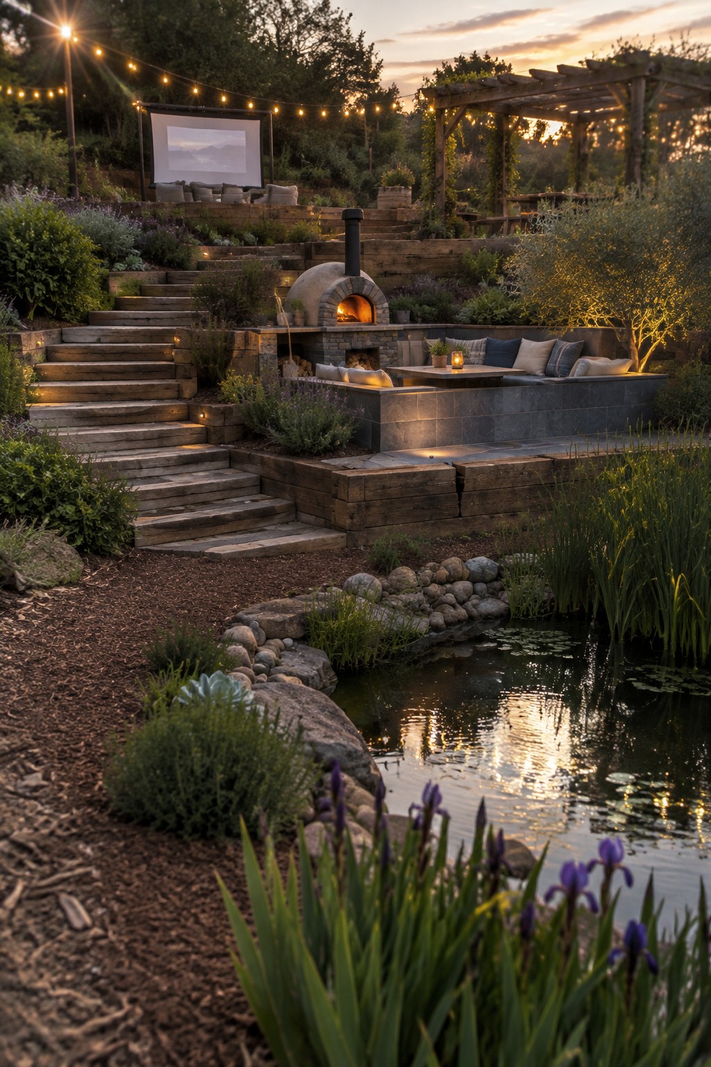 A sloped backyard with multiple wooden retaining walls forming terraces, stone steps, a stone pizza oven, built-in seating, and a pond at the base.