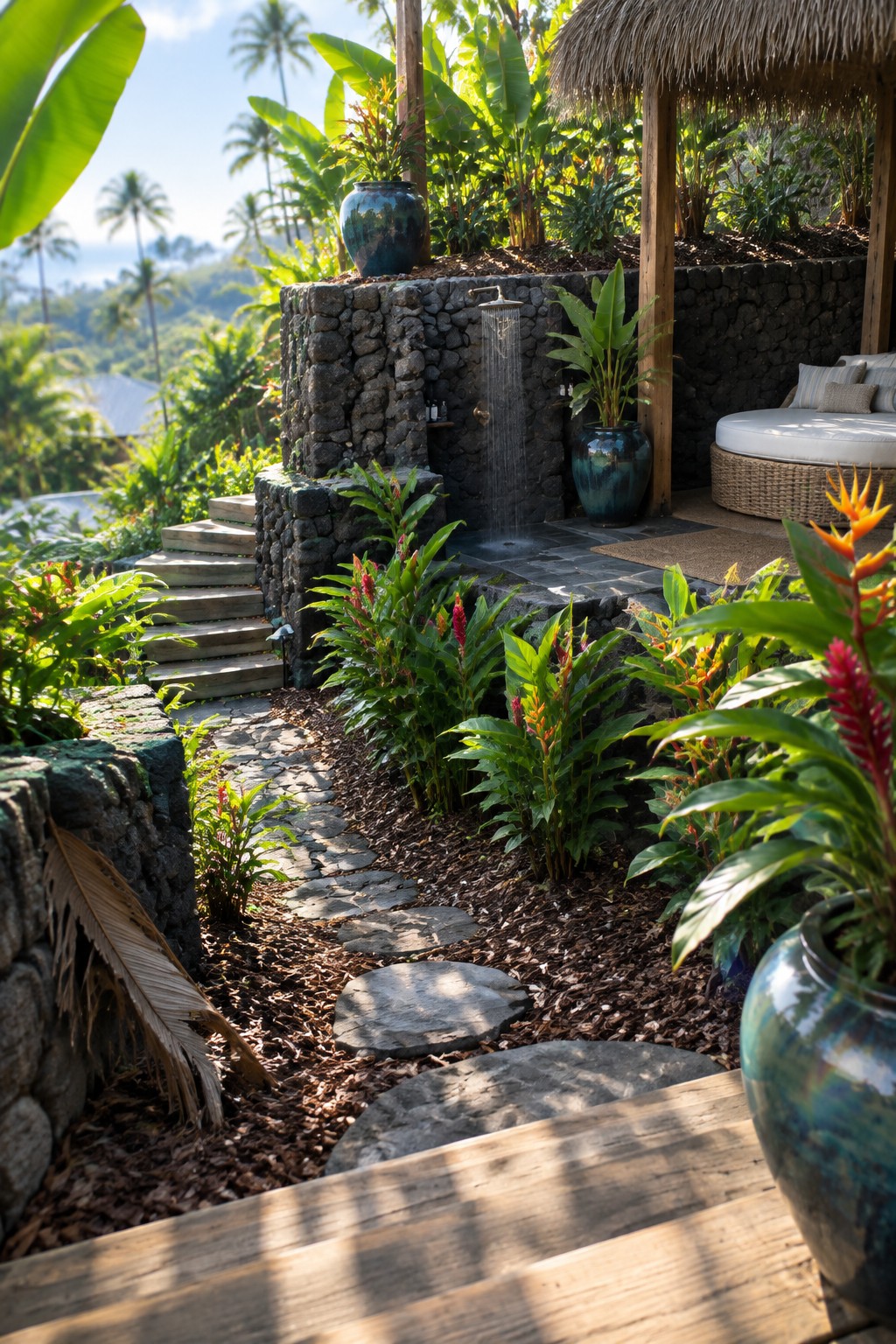 A sloped tropical garden with stacked stone retaining walls, a stone path, an outdoor shower set into one wall, and dense green plants around a thatched seating area.