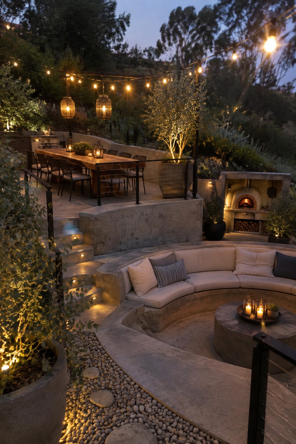 A backyard at dusk showing concrete retaining walls that create a raised wooden dining area above a curved concrete lounge with a round fire pit table, string lights overhead, and steps between levels.