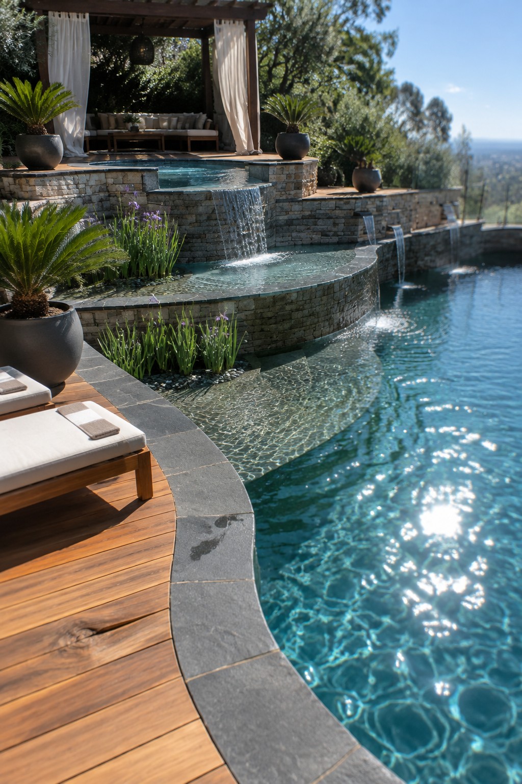 A multi-level backyard pool with curved stone retaining walls, cascading waterfalls, and planted terraces on a slope.