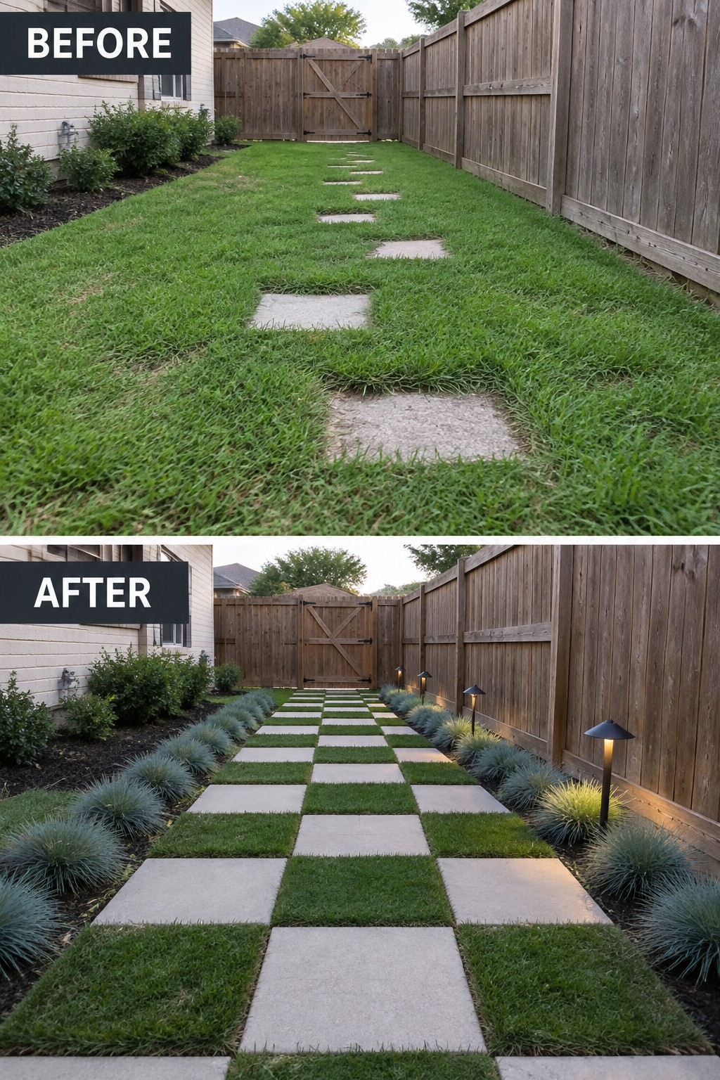 Before-and-after image of an overgrown garden path with scattered stepping stones changed into a checkerboard pattern of pavers and grass squares bordered by ornamental grasses and path lights.