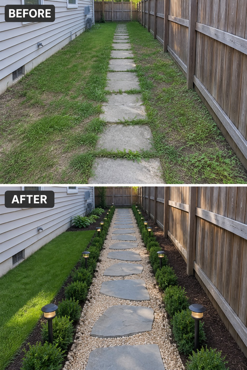 Before and after of concrete path upgraded to stone pavers, gravel, shrubs and lights