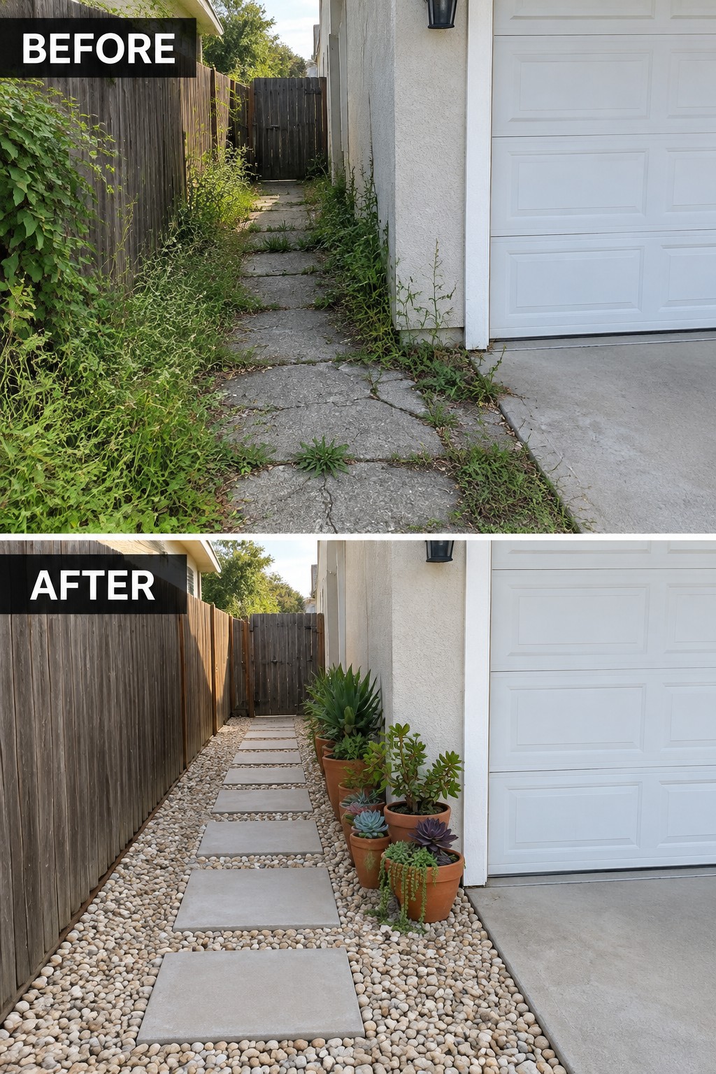 Before-and-after of overgrown concrete path transformed into gravel walkway with potted succulents.