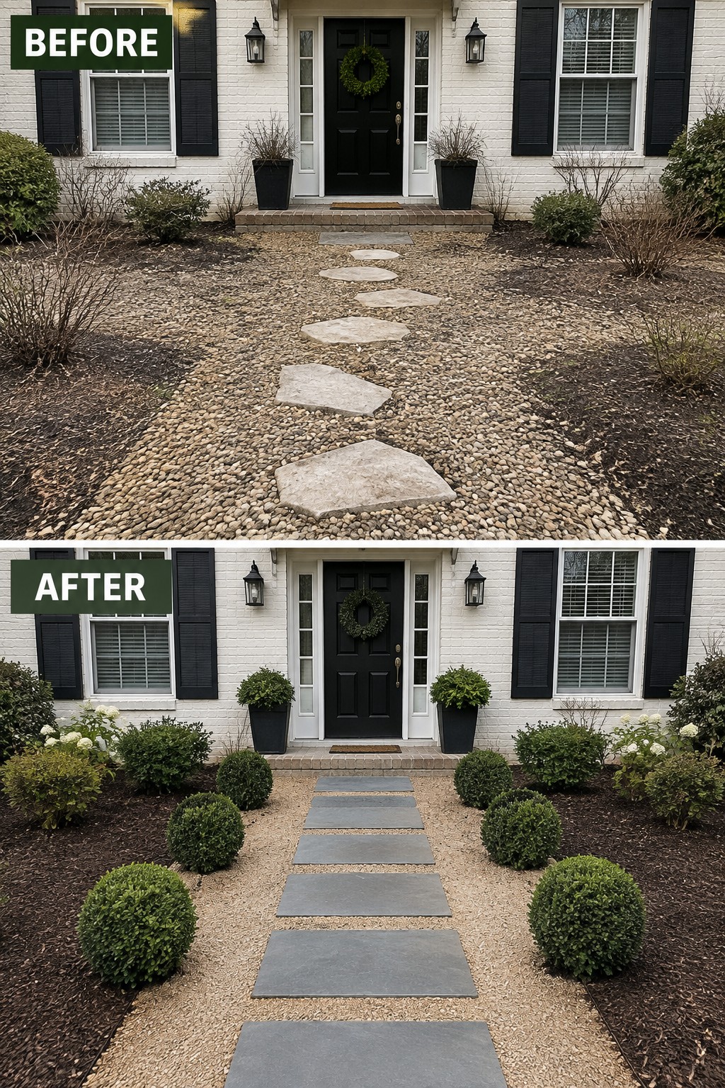 Before and after views of white house entrance with gravel path upgraded to stone walkway and shrubs