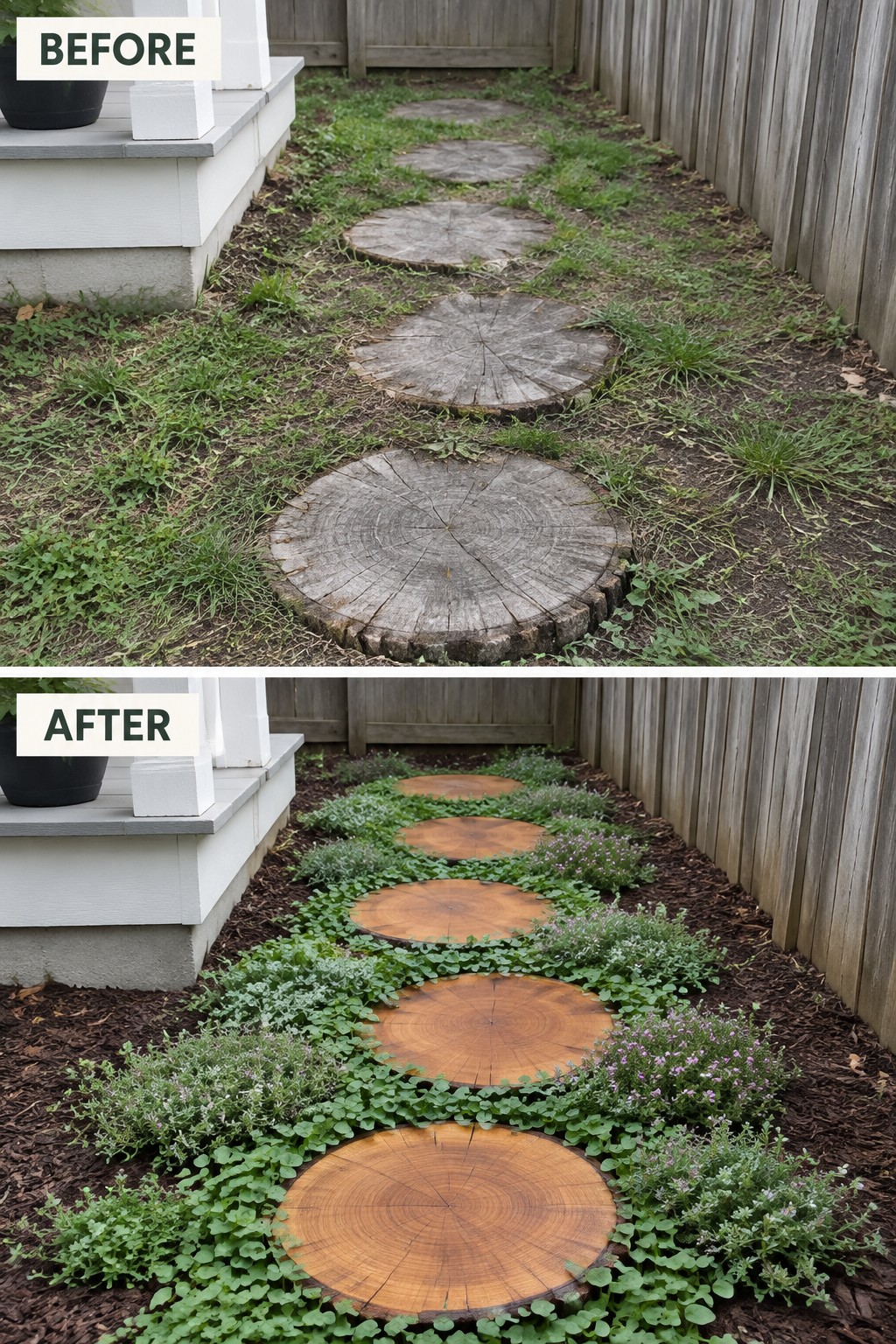 Before and after of garden path with wood slices amid weeds then mulch and plants