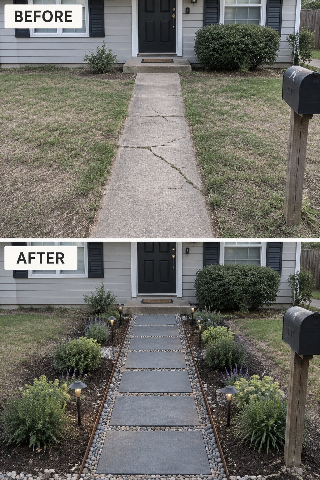 Before-and-after view of cracked walkway replaced by stone path with plants and lights.