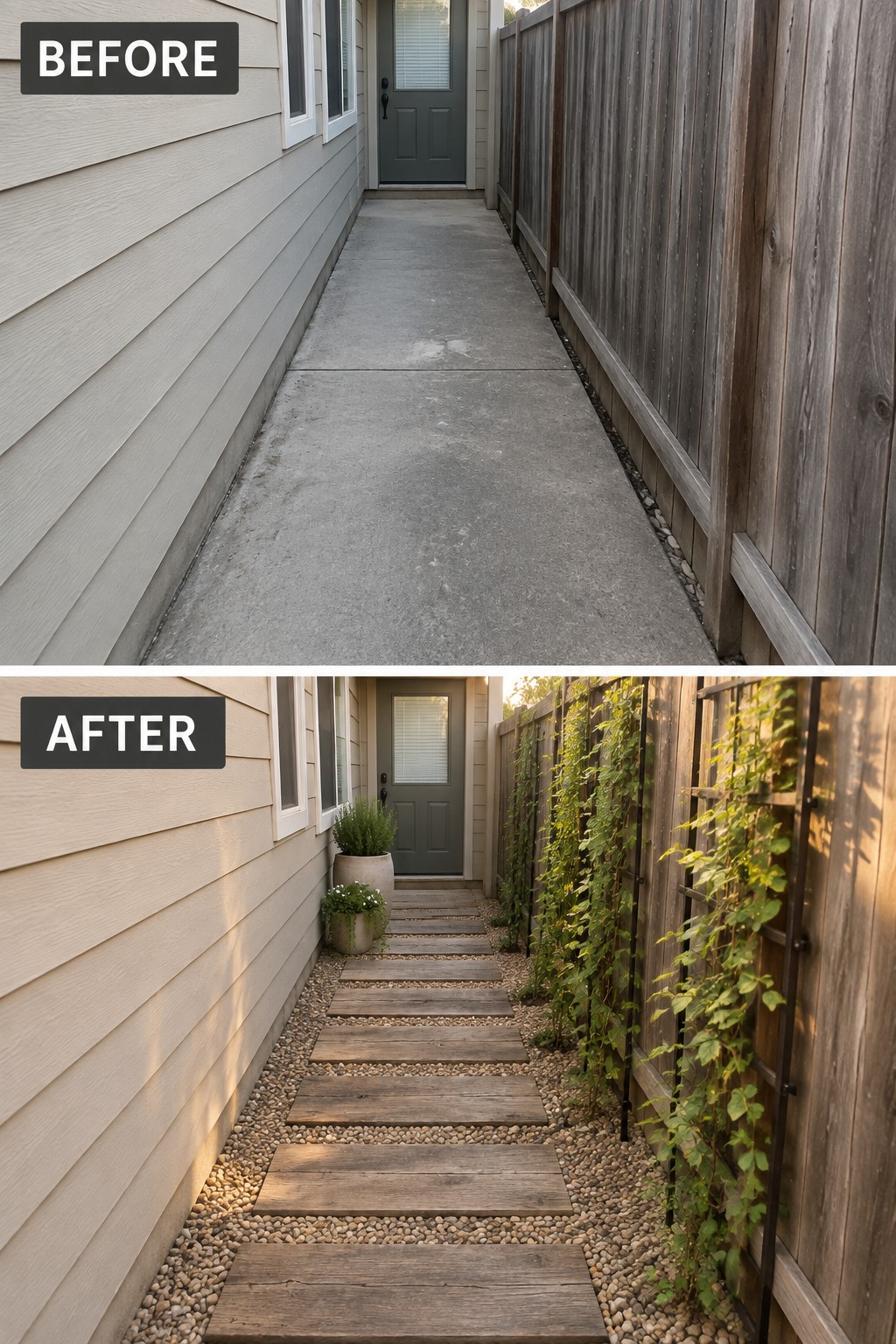 Before-and-after image of a narrow concrete side path changed into a walkway of wooden stepping stones set in gravel with vines on the fence.