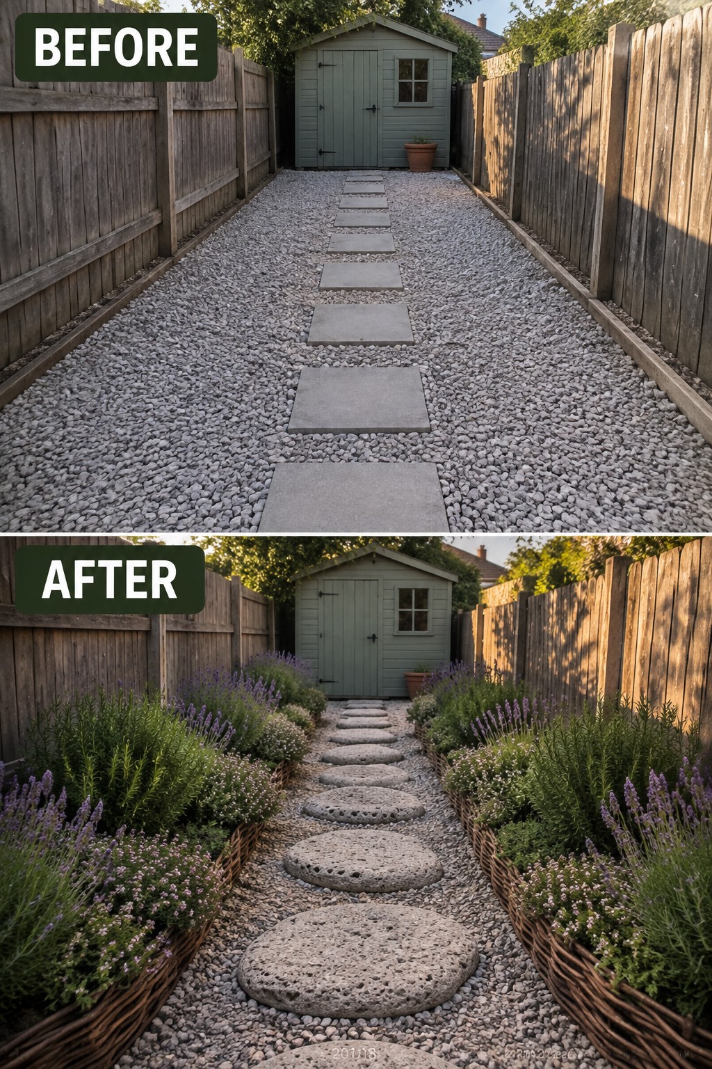 Before and after garden path with gravel, stepping stones, shed, and lavender plant borders.