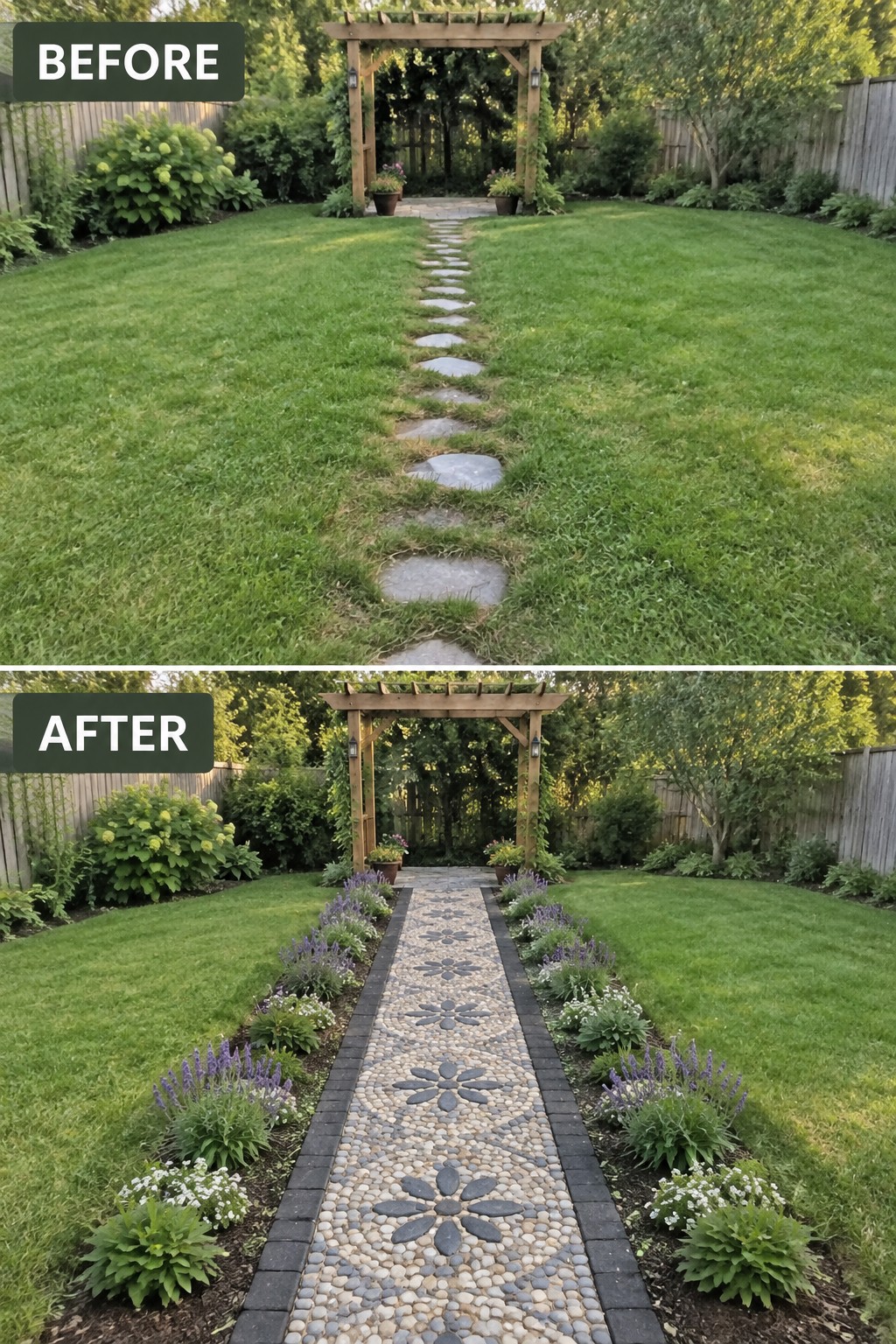 Before and after of backyard path upgraded from grass to pebble mosaic with flowers