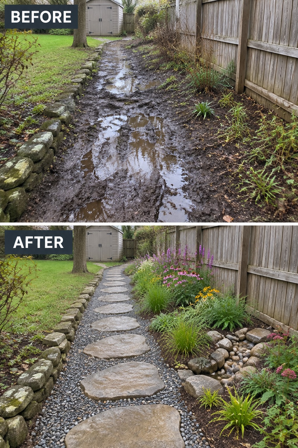 Before-and-after image of a muddy garden path transformed into a stepping stone walkway with gravel and planted borders.
