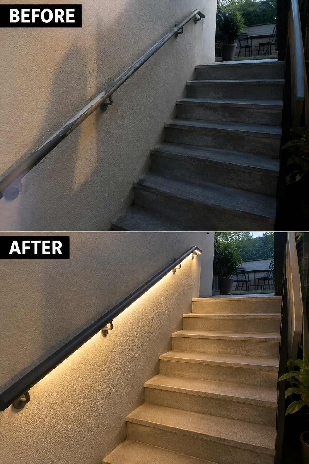 Before and after of concrete staircase with metal handrail upgraded to illuminated black one.