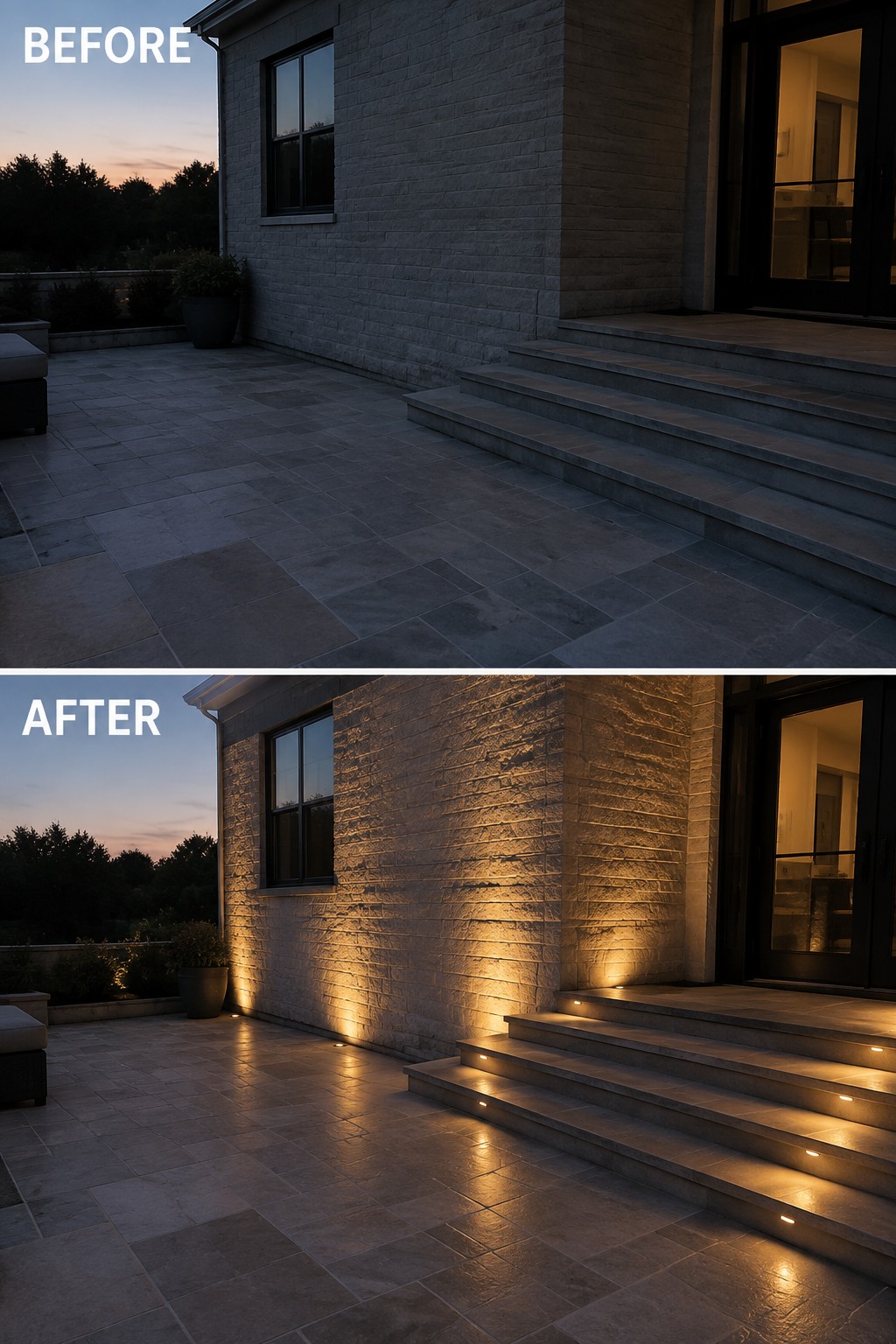 Before and after of stone house patio with added warm wall and step lighting