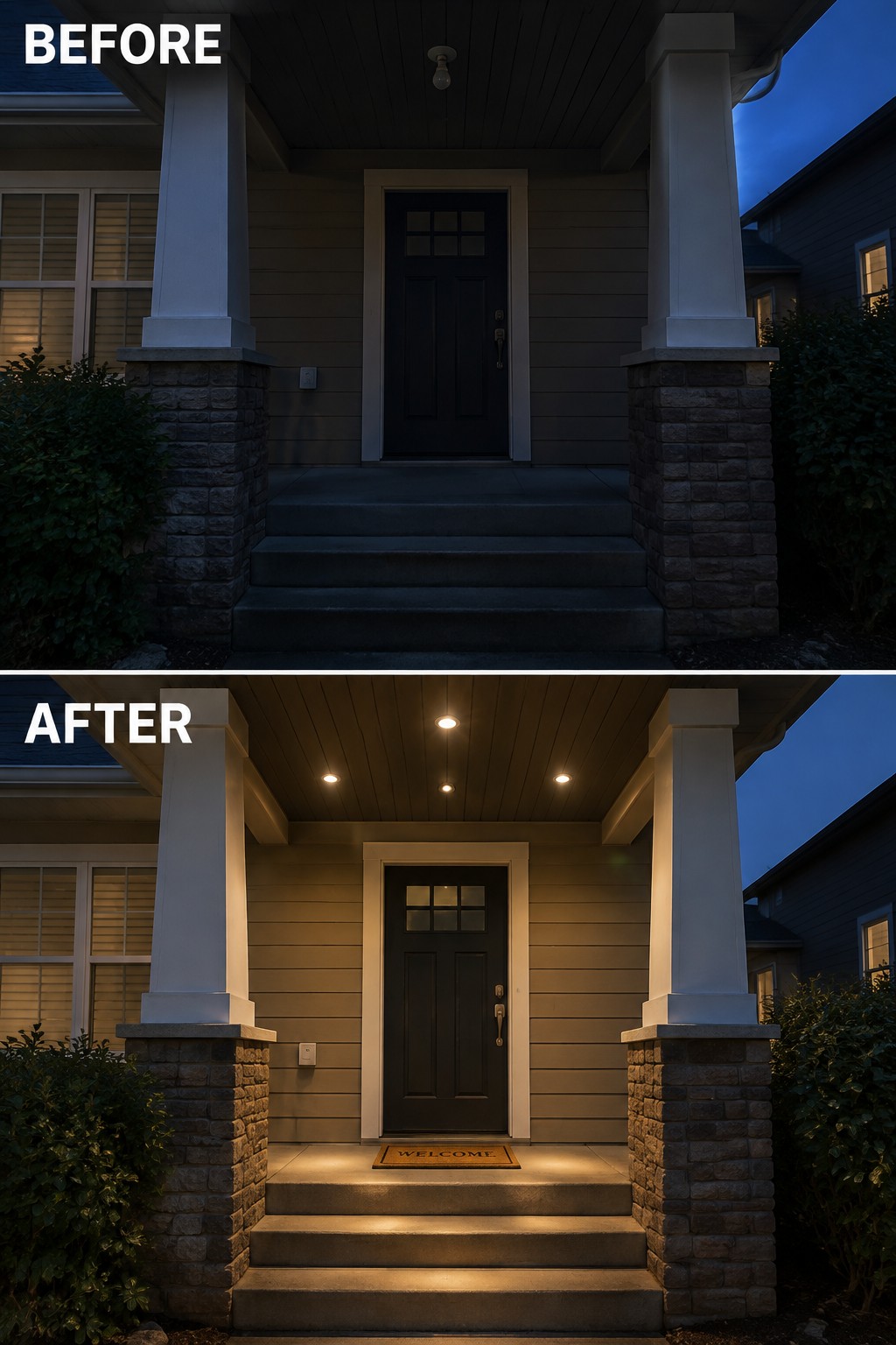 Before-and-after image of a front porch and steps changed from dark and poorly lit to evenly illuminated with ceiling recessed lights and step lighting.