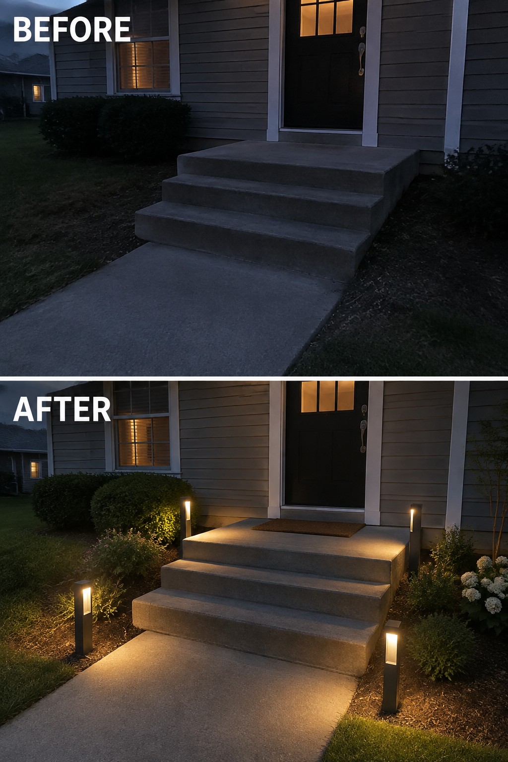 Before-and-after image of a house entry with concrete steps shown dark and unlit in the top photo and illuminated by added pathway lights in the bottom photo.