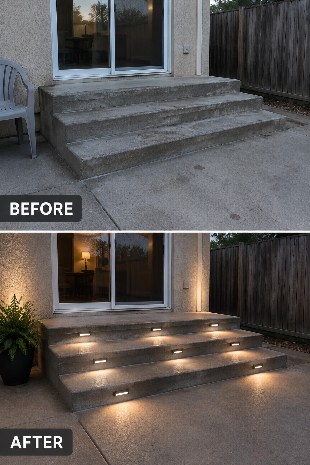 Before and after of concrete steps with added warm LED riser lights.