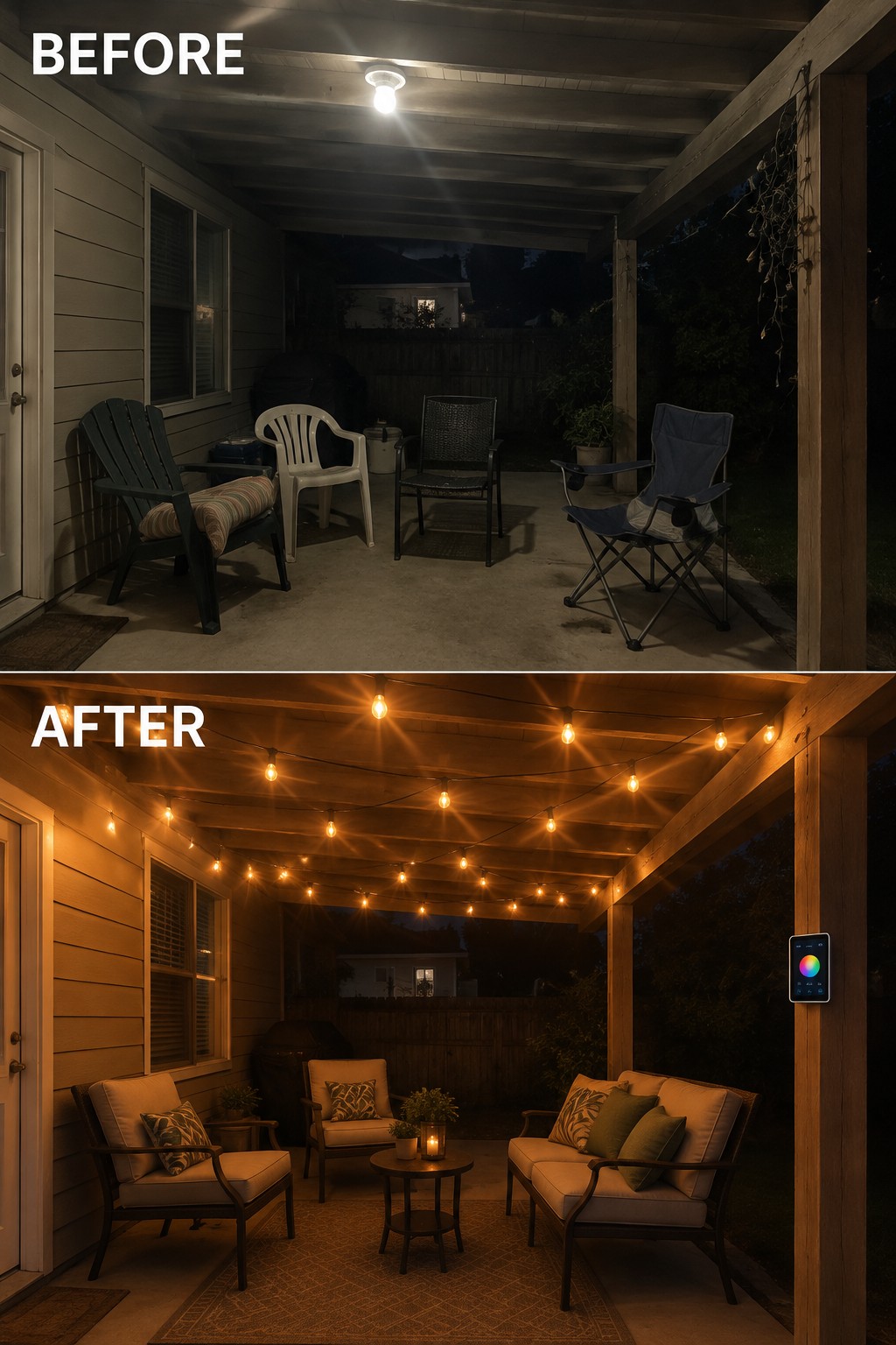 Before-and-after patio at night: single bulb vs. warm string lights and cozy seating