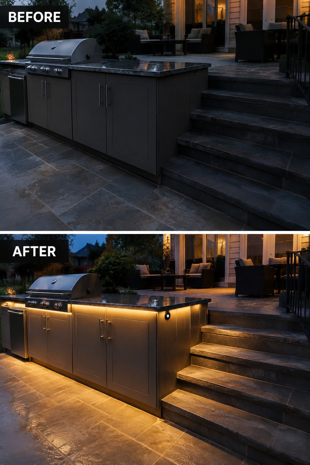 Before-and-after outdoor kitchen with grill, dark cabinets, and warm under-cabinet lighting on stone patio.