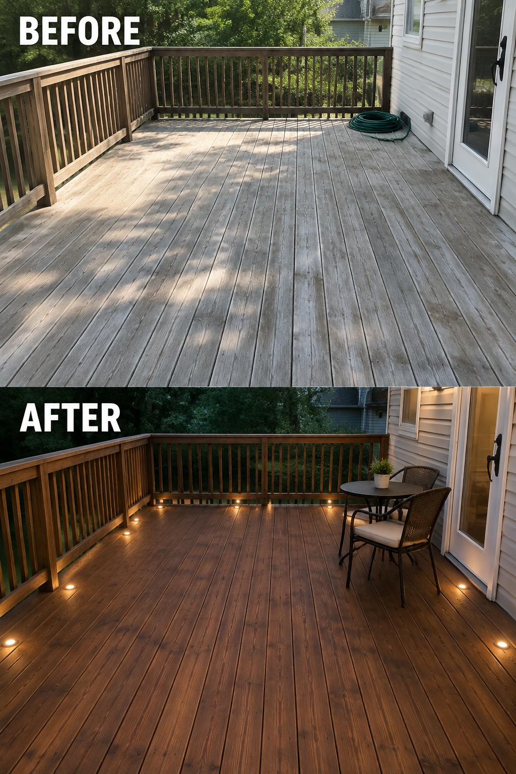 Weathered gray deck above dark-stained deck with glowing edge lights and furniture.
