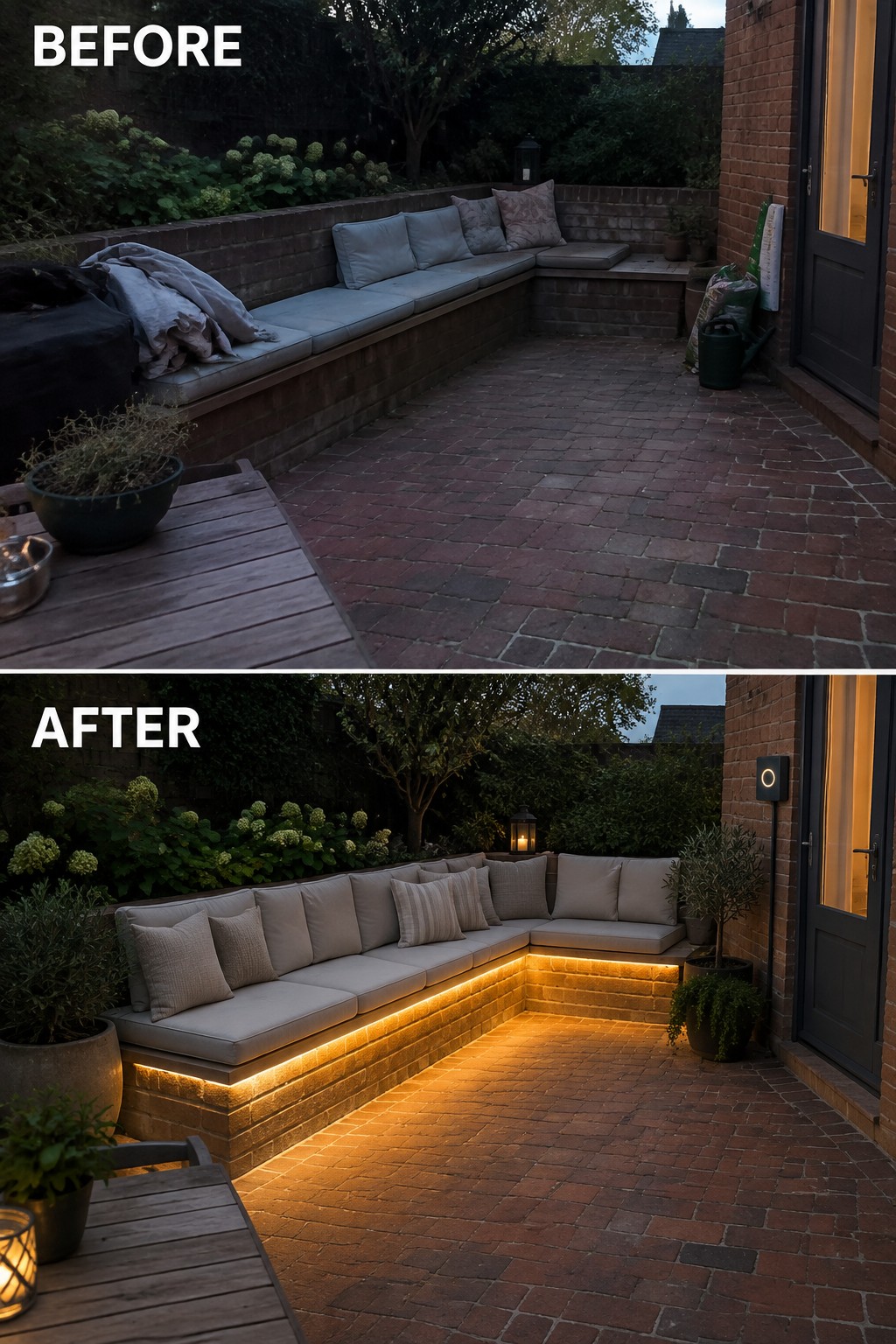 Before-and-after image of a brick patio bench area updated with warm under-bench lighting and fresh seating cushions.