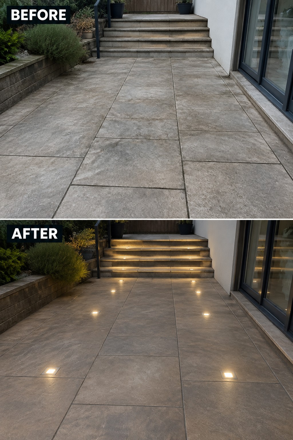 Before and after of stone patio with steps lit by recessed lights.