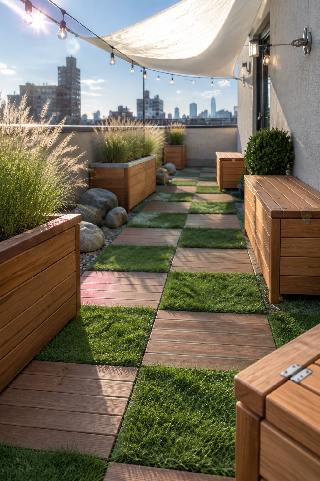 A narrow rooftop garden features a central path of alternating wooden planks and grass panels, bordered by wooden planters and storage benches under string lights with a city skyline visible.