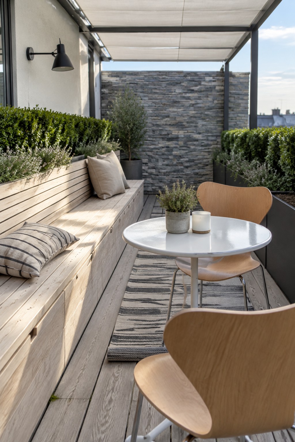 A narrow rooftop terrace features a long built-in wooden bench with cushions along one side, a round white table with two light wood chairs on a striped rug, and potted plants against a stone wall.