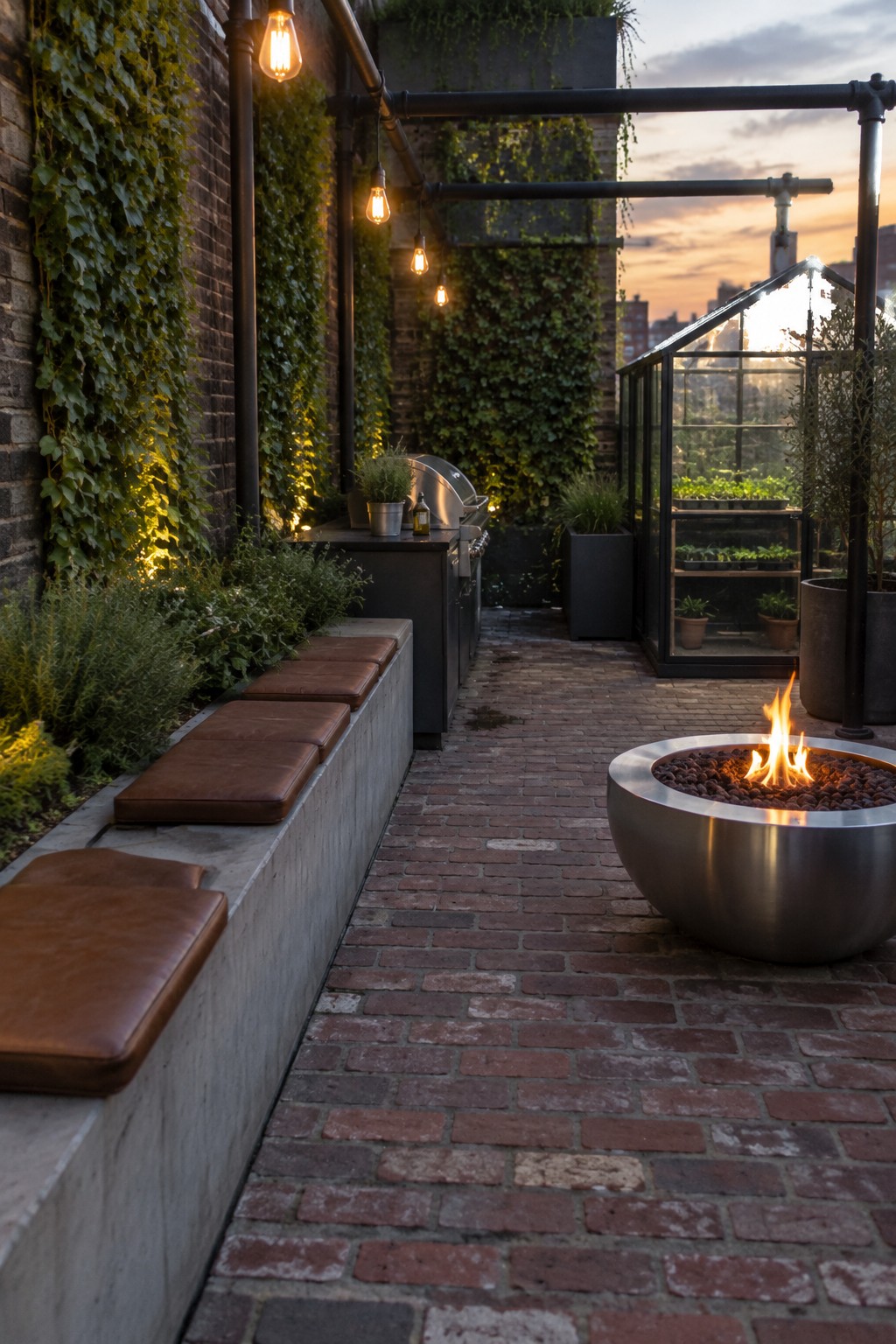 Rooftop patio at sunset with fire pit, concrete bench, grill, and hanging lights.